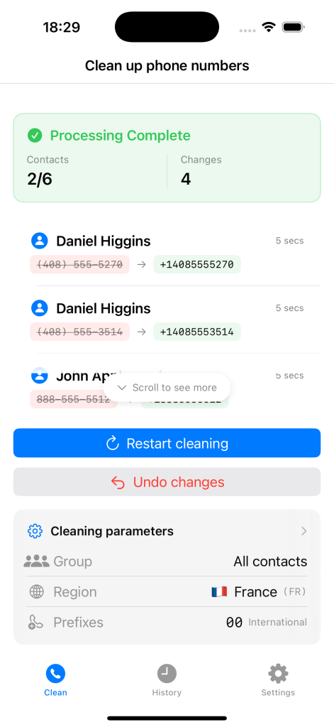 process and clean phoneNumbers with undo capabilities